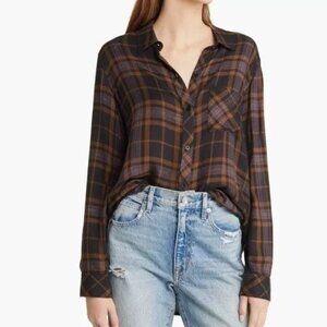 Rails Womens Medium Hunter Camel Black Lurex Plaid Shirt Metallic Button Up Top